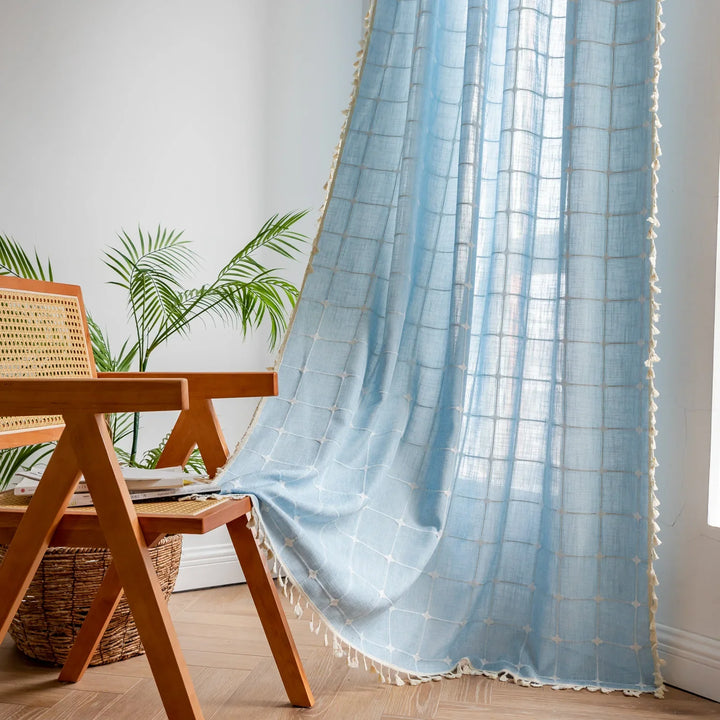Rynx Cotton Linen Square Curtains Road Pocket Shade Curtain Tassel for Kitchen Bedroom Living Room Bay Window Cabinet Curtain