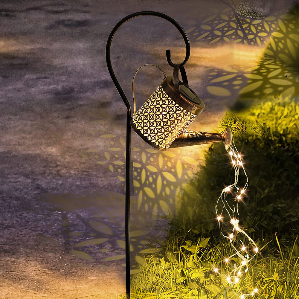 Lisslune | Hanging Solar Garden Watering Can with Waterfall String Lights & Stand