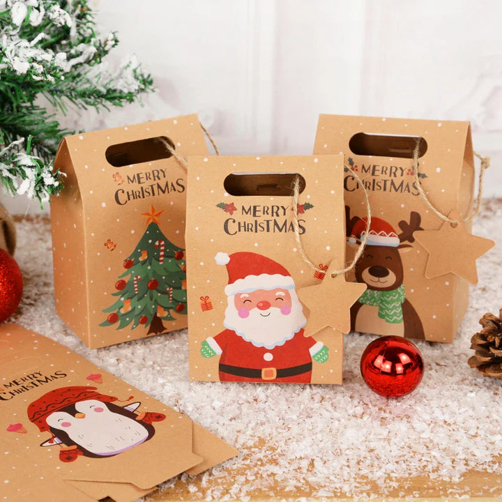 Rynx 6/12/24pcs Christmas Candy Gift Box with Label Kraft Paper Cookie Snack Packaging Bag 2024 Christmas Party Home Decor New Year 2025
