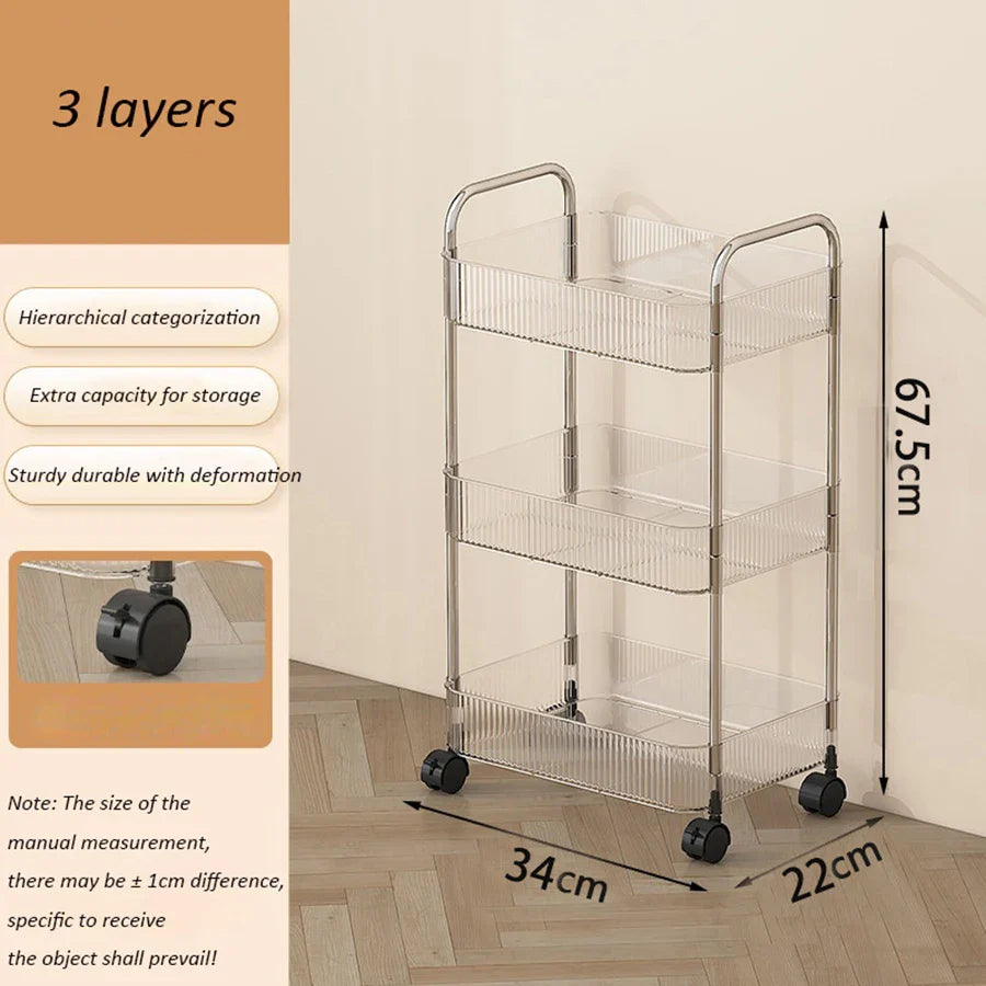 Rynx | Light Luxury Storage Trolley 2/3/4 Layers Transparent Acrylic Rolling Cart With Removable Hanging Goods Snacks Book Shelf