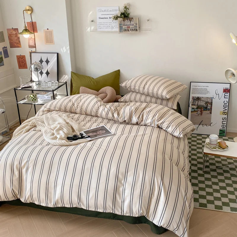Rynx | In stripes bedding set with pillowcase bed sheet single and double size bedding duvet cover set queen/king double duvet cover