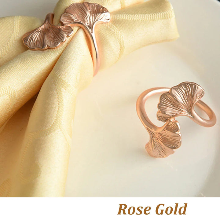 Rynx | 4PCS Ginkgo Leaf Metal Napkin Ring, Pearl Flower Napkin Holder, for Wedding Valentine's Day Party Home Dining Room Table Decoration