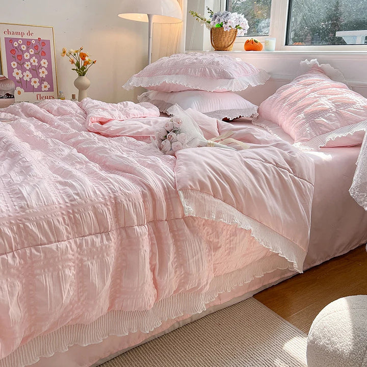 Rynx | Korean Princess Style Summer Cool Quilt Comforter Soft Seersucker Lace Ruffle Summer Thin Quilt Blanket Machine Washable