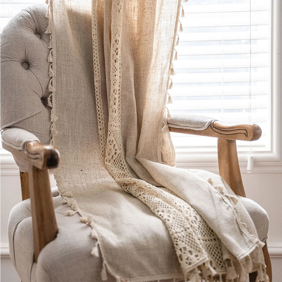 Rynx Linen Blend Jute Lace Curtains Street Bag Shade Curtain Fringe for Kitchen Bedroom Living Room Bay Window Cabinet Curtain