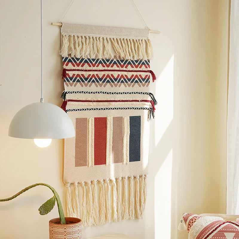 Rynx | Boho Wall Tapestry with Hand-Made Tassels Cotton Linen Tufting Wall Hanging Fabric Cover Blanket Ramadan Decor Home Decor