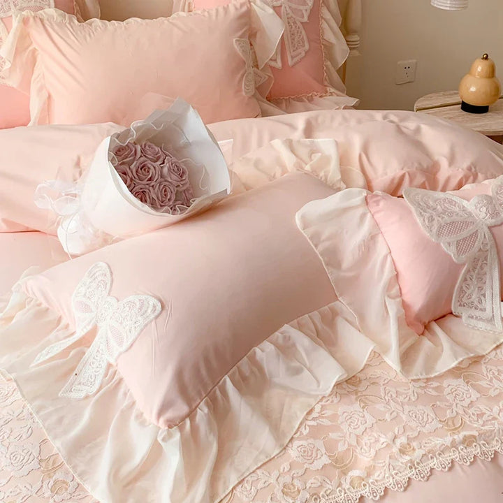 Rynx | Korean Princess Bedding Set Coquette Lace Bow Beauty Solid Color Lace Ruffle Comforter Sets Luxury Girls Wedding Duvet Cover