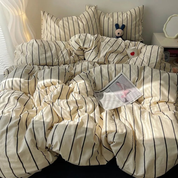 Rynx | Striped Bedding Set INS Nordic Girl Soft Washed Cotton Bed Sheet Queen King Size Duvet Cover Set Comforter Set Pillowcase Bedding