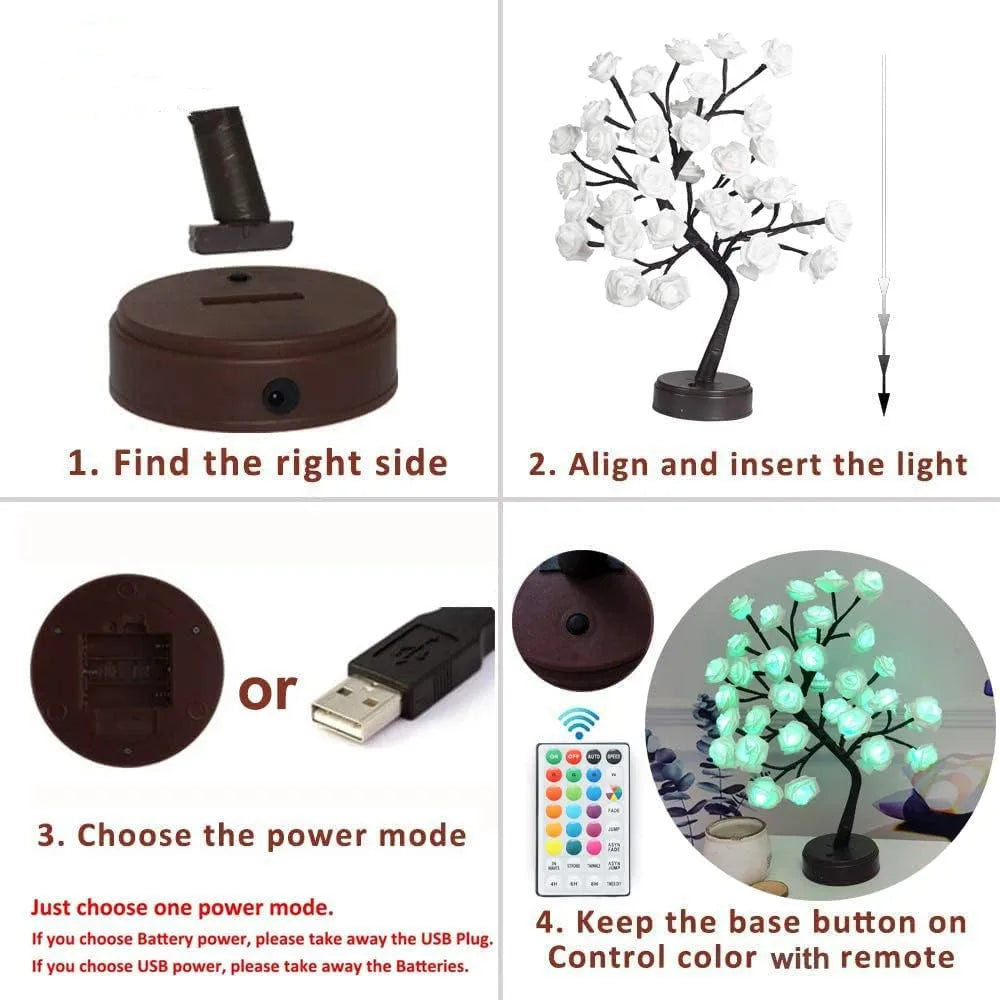 Lisslune | RGB Rose Flower Tree Lights 24LED USB Battery Table Lamp Fairy Night Light Home Party Christmas Wedding Bedroom Decoration Gift