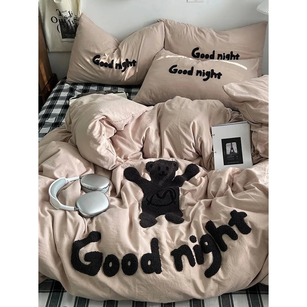 Rynx | Ins Cartoon Bedding Set Teddy Bear Washed Cotton Towel Embroidered Solid Color Bed Sheets Dorm Student Duvet Cover Set