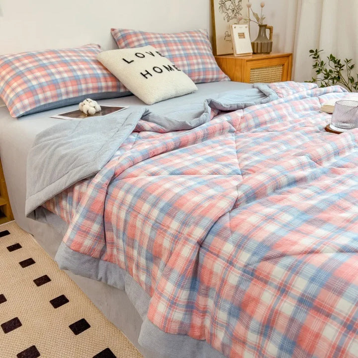 Rynx Summer Duvet Machine Washable Bed Cover Grid King Size Blanket Double Cotton Soft Fashion Air Conditioning Cool Quilt