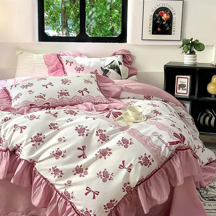 Rynx | French Retro Lightweight Luxury Washed Cotton Four-Piece Set Bedroom Lace Bedding Set Single Bedding Set Dorm Bedding
