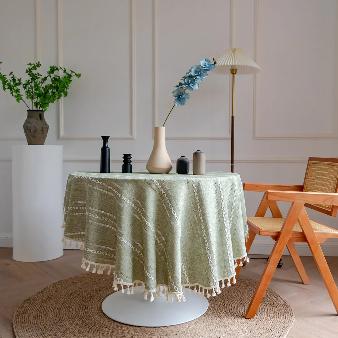 Rynx Cotton Linen Three-Dimensional Jacquard Checked Round Tablecloth, Tassel Dustproof Tablecloth, For Dinner Party Wedding Decor