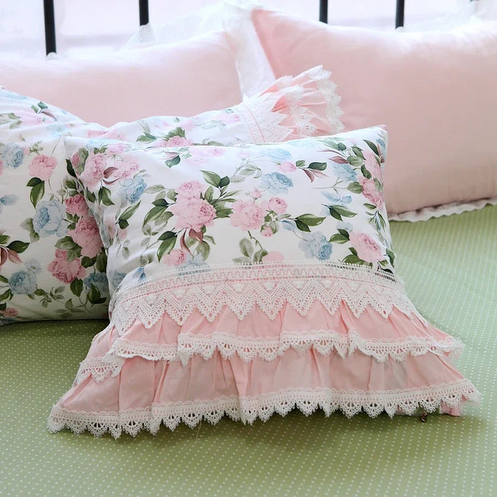 Rynx Elegant Ruffle Lace Decorative Pillowcase European Embroidery Bed Pillowcase Princess Pink Print Pillowcase Sofa Cushion