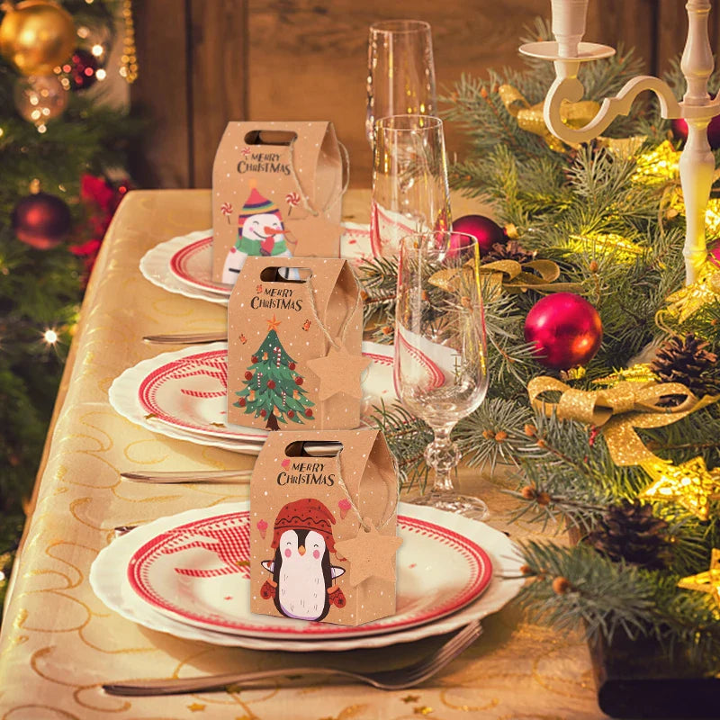 Rynx 6/12/24pcs Christmas Candy Gift Box with Label Kraft Paper Cookie Snack Packaging Bag 2024 Christmas Party Home Decor New Year 2025