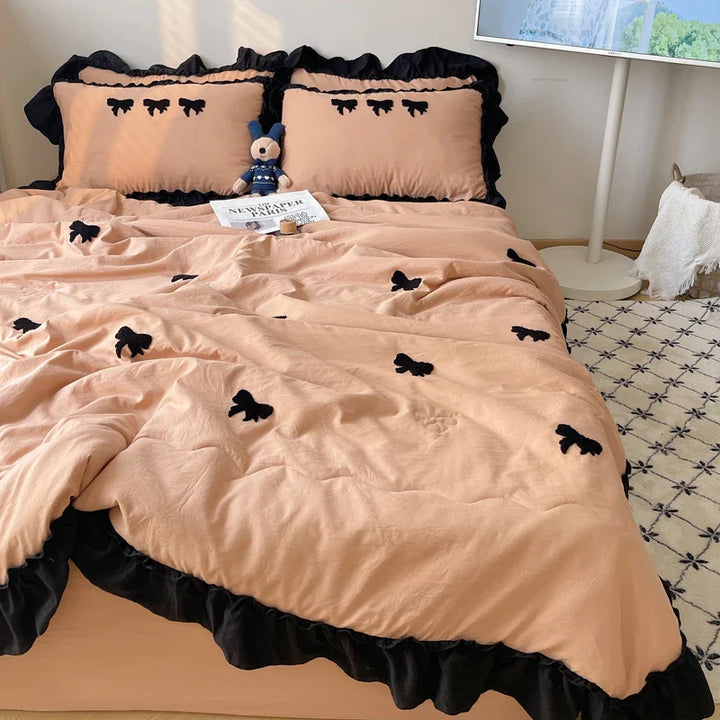 Lisslune | Einfarbige Klimaanlage Quilt Schwarze Schmetterlingsstickerei Einzelne Königin Bettwäsche Einfaches Rüschendesign Mädchen Kinder Quilt