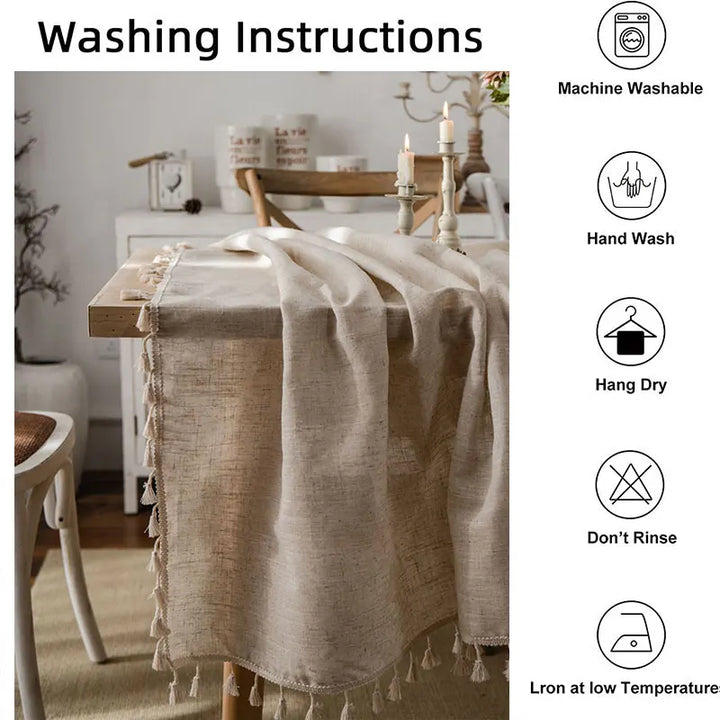 Lisslune | 2023 Cotton-Linen Tablecloth with Tassels, Rectangular Tablecloth for Dining Table, Coffee-Tea Tablecloths, Wedding Easter Decoration