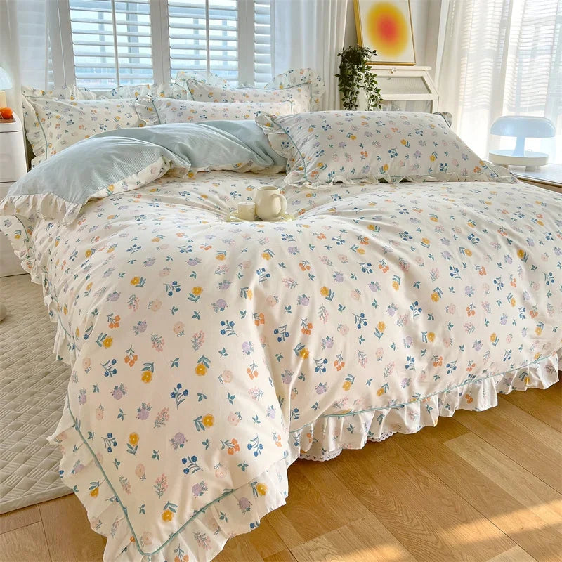 Rynx Princess Style Ruffled 100% Cotton Duvet Cover Set or Single Duvet Covers Floral Soft Duvet Cover Cotton Sweet Duvet Covers
