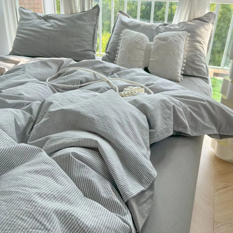 Rynx | Striped Duvet Cover Set Quilt Set Ins Nordic Gray Bed Set of Four Parts, Home Luxury Bedding Set Bed Sheets