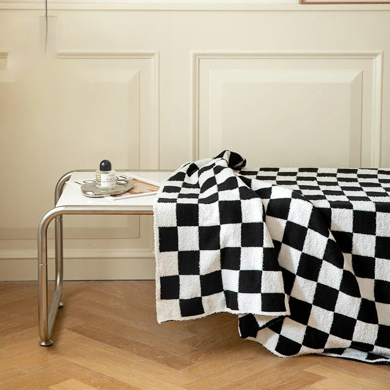 Rynx | Retro Checkered Plaid Knit Fleece Blankets Soft Cozy Thread Blanket Sofa Blanket Dust Cover Tassel Blankets For Bed