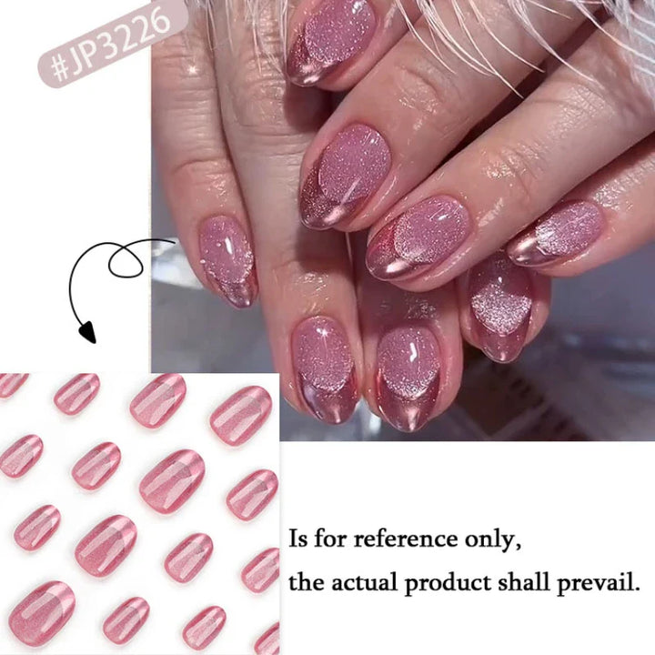 Rynx | Nude Pink Cat Eye Red French Nail Art Portable Fashion False Nails Removable Ready False Nails Press on Nails with Glue