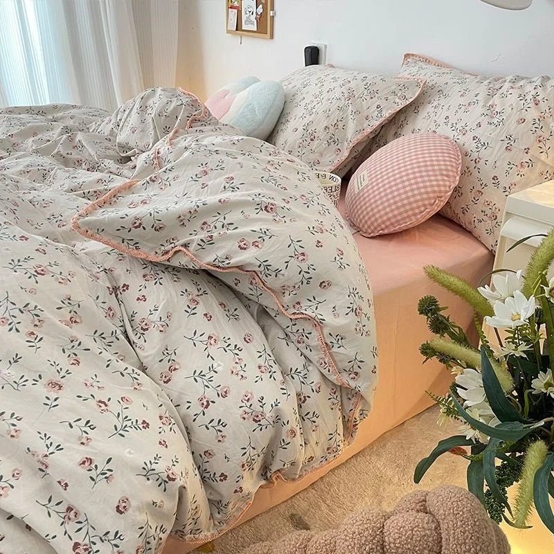 Rynx | Bedding set INS Girls Cherry Soft washed cotton bed sheet Queen King size duvet set Comforter set pillowcase bedding