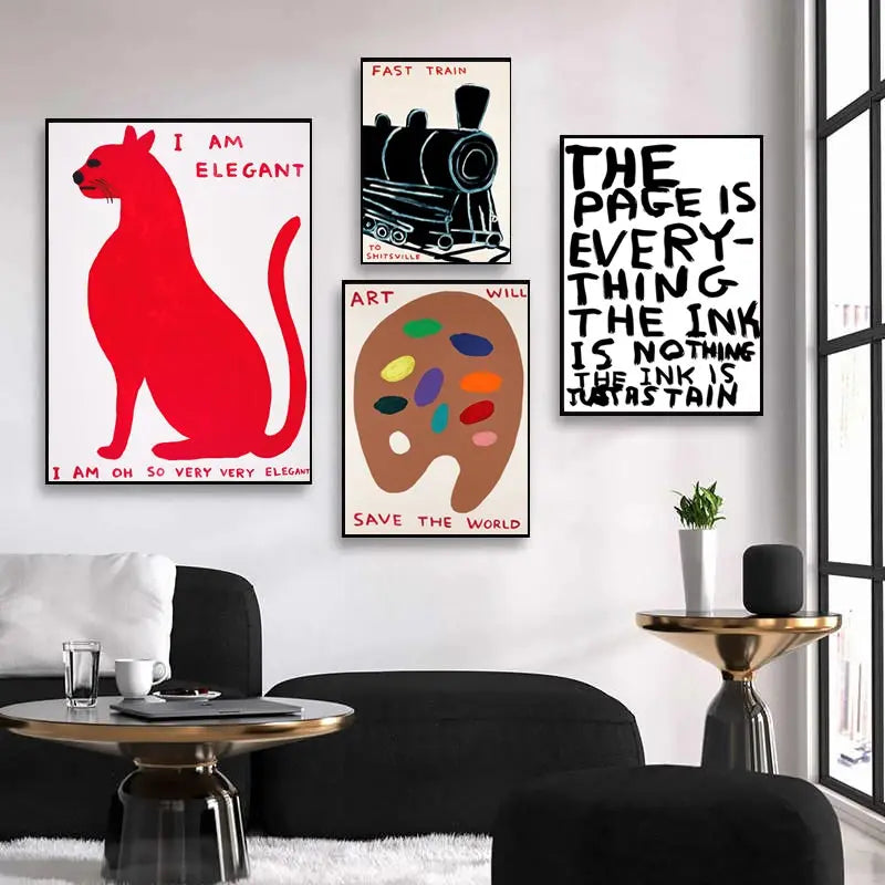 Lisslune | David Shrigley Rabbit Cat Wine Biscuit Train Wall Art Abstract Prints Canvas Painting Nordic Poster Pictures Living Room Decor