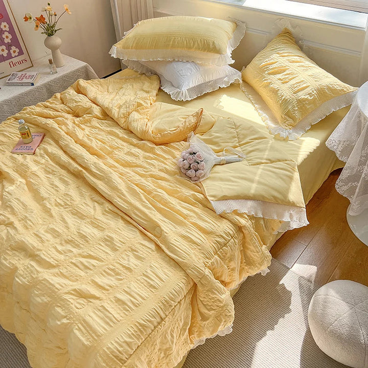 Rynx | Korean Princess Style Summer Cool Quilt Comforter Soft Seersucker Lace Ruffle Summer Thin Quilt Blanket Machine Washable
