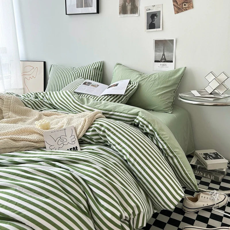 Rynx | Bedding washed cotton striped grid minimalist bed sheet set duvet sets queen duvet double for boys and girls