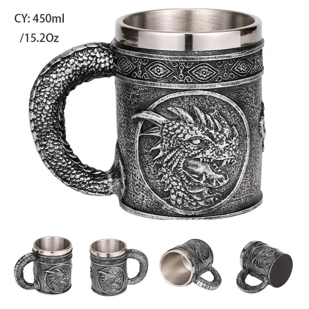 Lisslune | Medieval Dragon Resin Stainless Steel Mug as Coffee Mug or Tea Mug