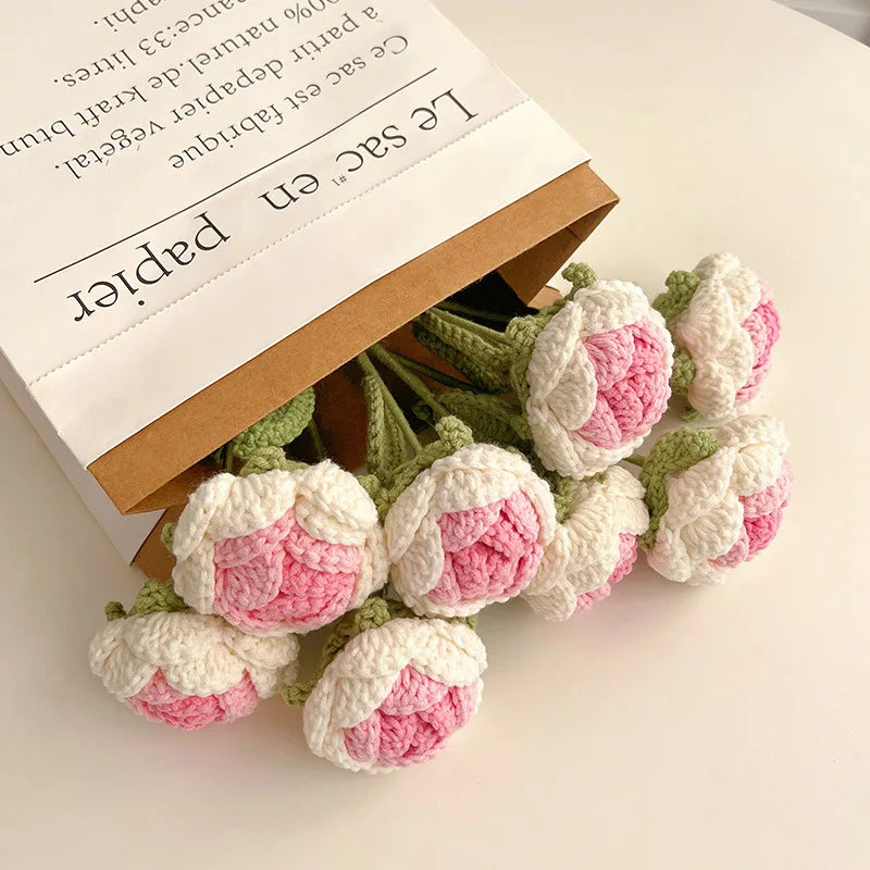 Rynx | 1PC knitted flower rose tulips daisies artificial flower bouquets wedding party decoration hand knitted crochet woven bouquet