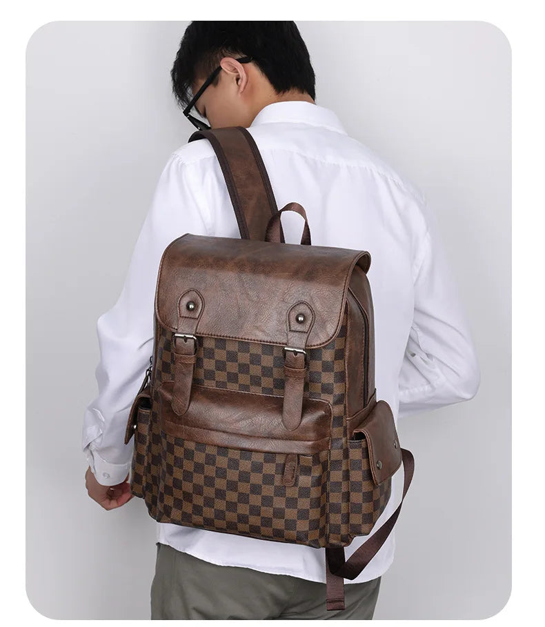 Lisslune | Trendy Checkered Business Versatile Men's Backpack Travel Large Capacity Luxury Brand Design Backpack Men PU Leather School Backpack