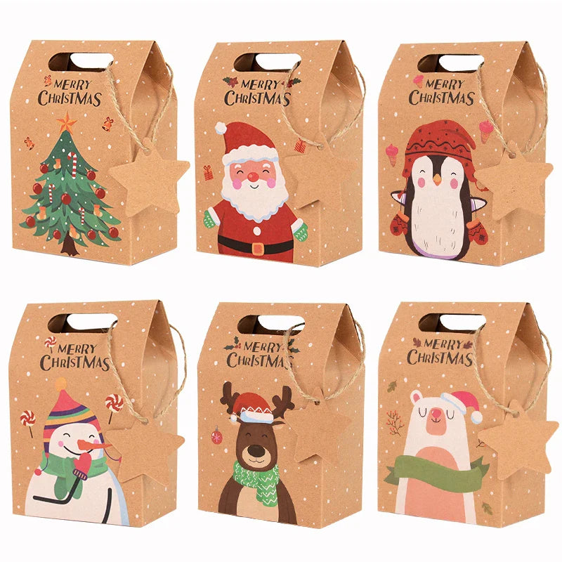 Rynx 6/12/24pcs Christmas Candy Gift Box with Label Kraft Paper Cookie Snack Packaging Bag 2024 Christmas Party Home Decor New Year 2025