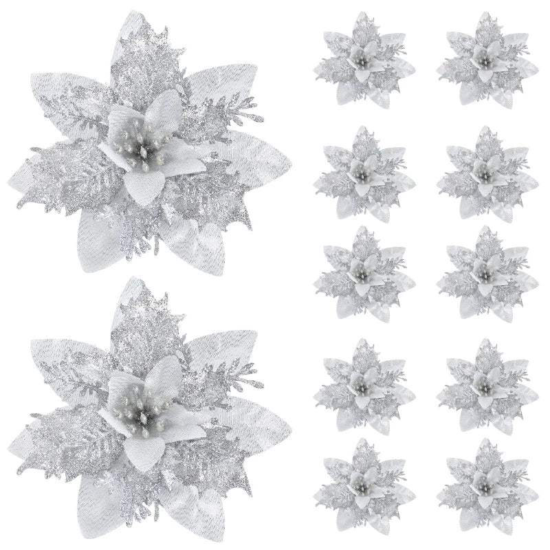 Rynx 5/10pcs Glitter Pink Christmas Flowers Xmas Tree 14cm Artificial Flowers Ornaments 2024 Christmas Decoration For Home New Year