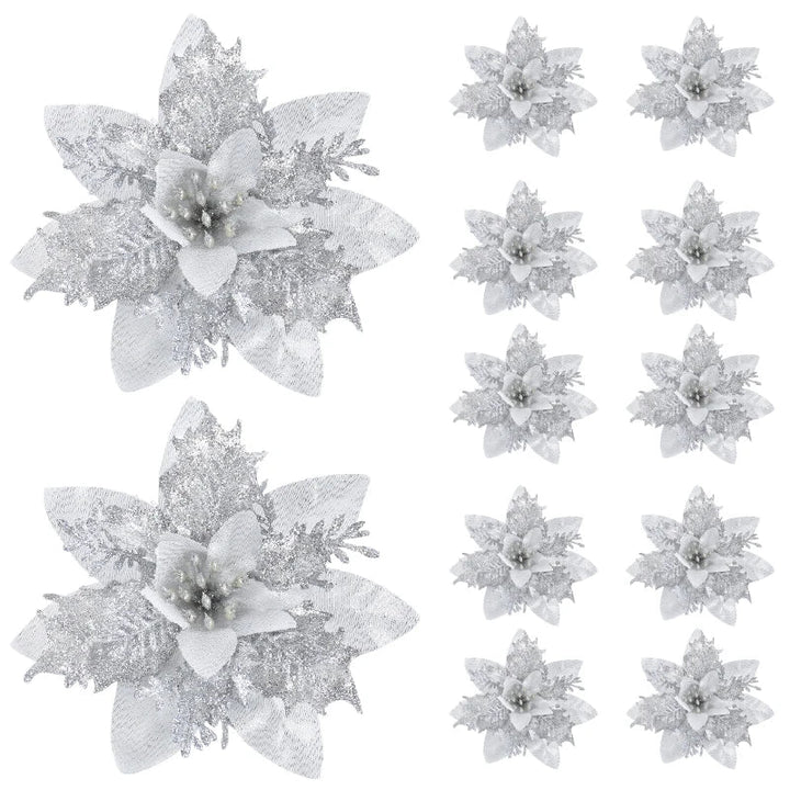 Rynx 5/10pcs Glitter Pink Christmas Flowers Xmas Tree 14cm Artificial Flowers Ornaments 2024 Christmas Decoration For Home New Year