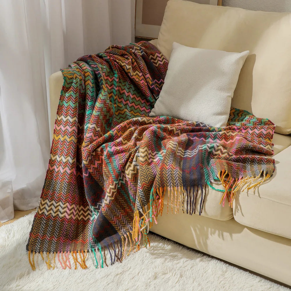 Rynx | Textile City Woven Throw Blanket in Ethnic Style Wave Fringe Casual Scarf Throw Blanket Room Decoration Acrylic Scarf 127x172cm