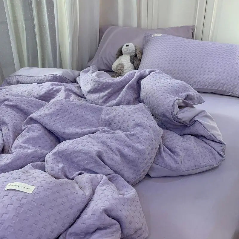 Rynx | Bedding Set Luxury High-Quality Lightweight Washable Cotton Waffle Four Pieces Olive Green Duvet Cover Bed Sheet Dormitory Three Pieces