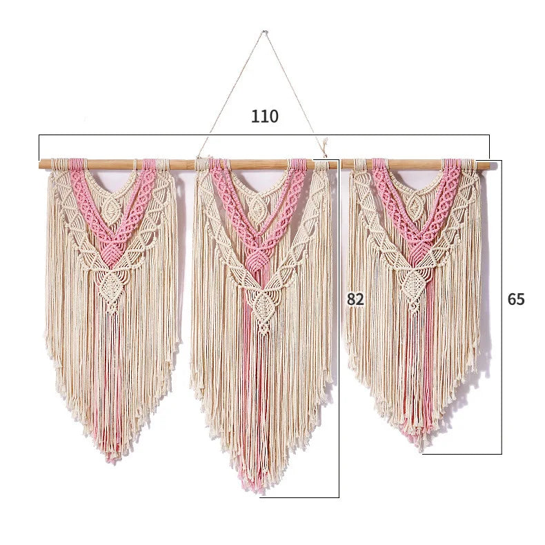 Rynx | Large Macrame Wall Tapestry Handcrafted Cotton Rope Tassel Pendant Wall Hanging Rug with Wooden Stick Handwoven Bohemia Tassel