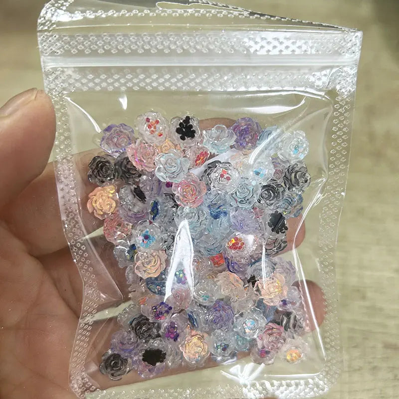 Rynx | 100 pcs. Light purple glitter camellia rose nail art charms 7.5/6mm flat back resin nail decoration sweet flowers nail supplies