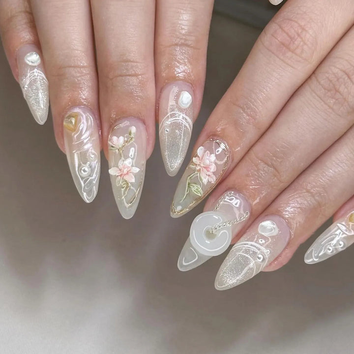 Rynx | Cute Small Flowers Nude Color Nail Art Simple Style Artificial Nails Removable Ready-made Artificial Nails To Stick On with Glue