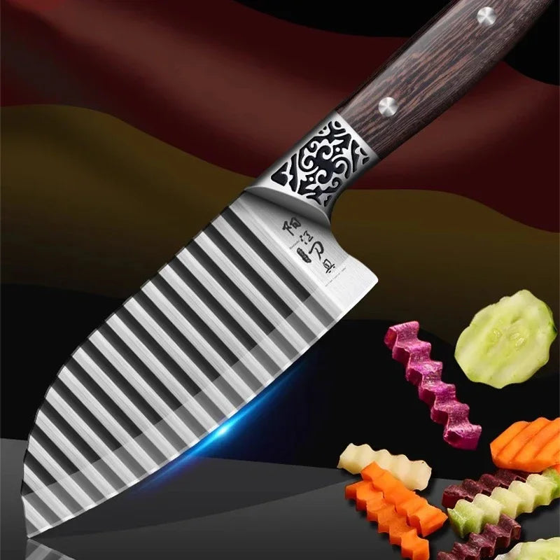 Lisslune | Wooden Handle Ribbed Design Kitchen Knife