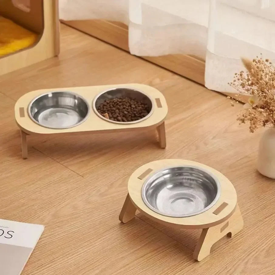 Rynx | Elevated feeding bowl inclined stainless steel feeding bowls dog water feeding feeding bowl cat bowl wooden stand pet supplies single/double