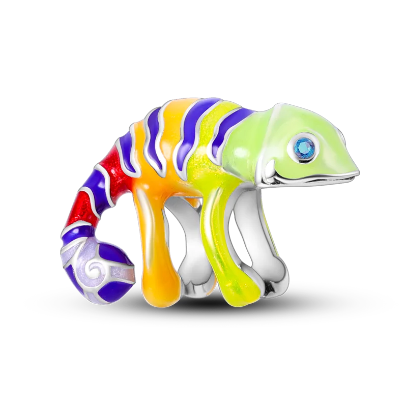 Lisslune | 925 Silver Golden Leopard Charms Beads Colorful Chameleon Rhinoceros Lion Scarab Cat Pendant Compatible with Original Pandora Bracelet Jewelry