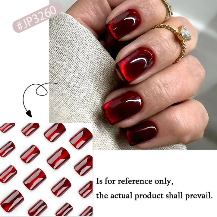 Rynx | Nude Pink Cat Eye Red French Nail Art Portable Fashion False Nails Removable Ready False Nails Press on Nails with Glue