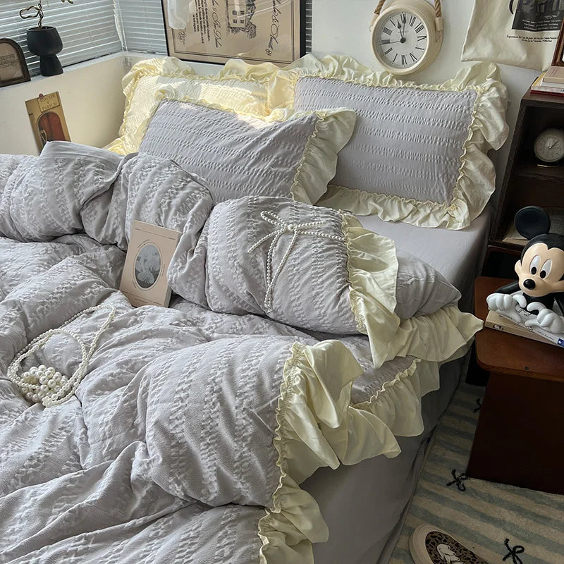Rynx | Pink Korean Princess Style Lace Ruffles Bedding Set Skin-Friendly Seersucker Duvet Cover Set Fitted Sheet/Bed Sheet Pillowcases