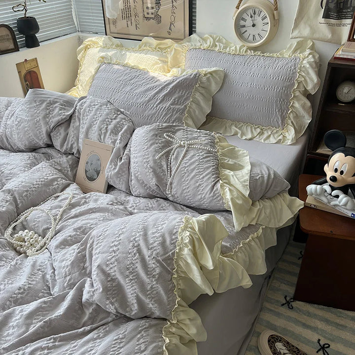 Rynx | Pink Korean Princess Style Lace Ruffles Bedding Set Skin-Friendly Seersucker Duvet Cover Set Fitted Sheet/Bed Sheet Pillowcases