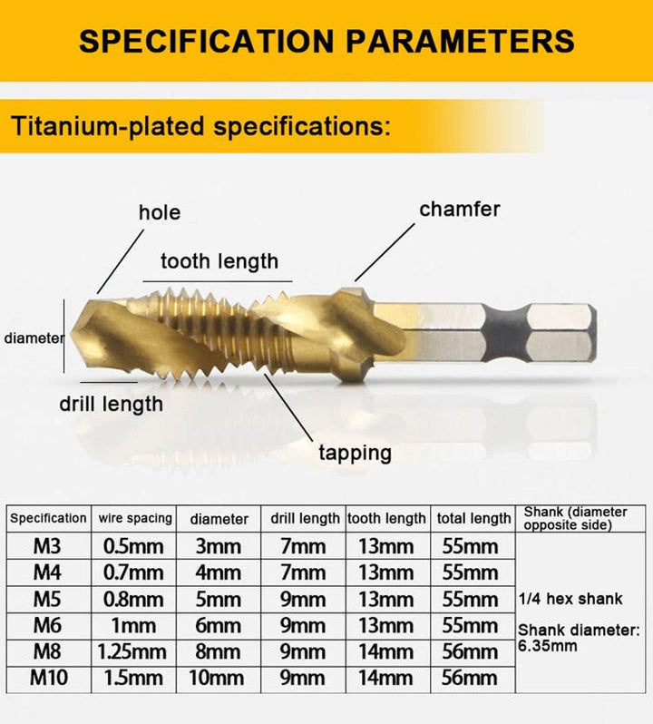 Lisslune | Precision Taps Set with Titanium Coating and Spiral Flute Design for Efficient Tapping and Chamfering
