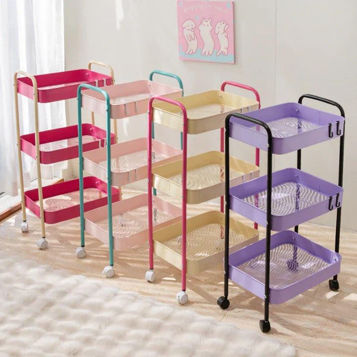 Rynx | 3-layer contrast color trolley storage shelf Multi-layer movable trolley Cosmetics Snack storage shelf Bathroom Mobile shelf Home