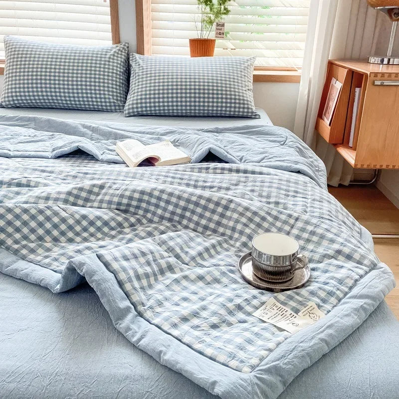 Rynx Summer Duvet Machine Washable Bed Cover Grid King Size Blanket Double Cotton Soft Fashion Air Conditioning Cool Quilt