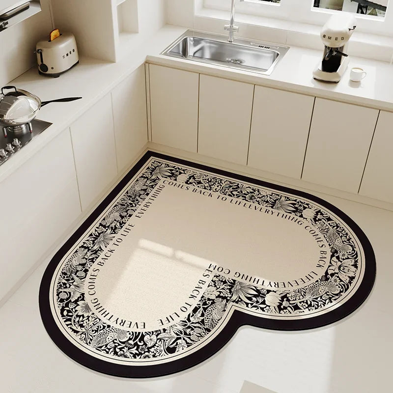 Rynx | Beige Cream Style Heart Pattern Kitchen Mat Irregular Water Absorbent Decorative Mat Easy to Clean Cuttable PVC Carpet