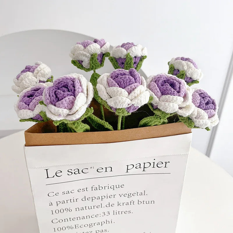 Rynx | 1PC knitted flower rose tulips daisies artificial flower bouquets wedding party decoration hand knitted crochet woven bouquet